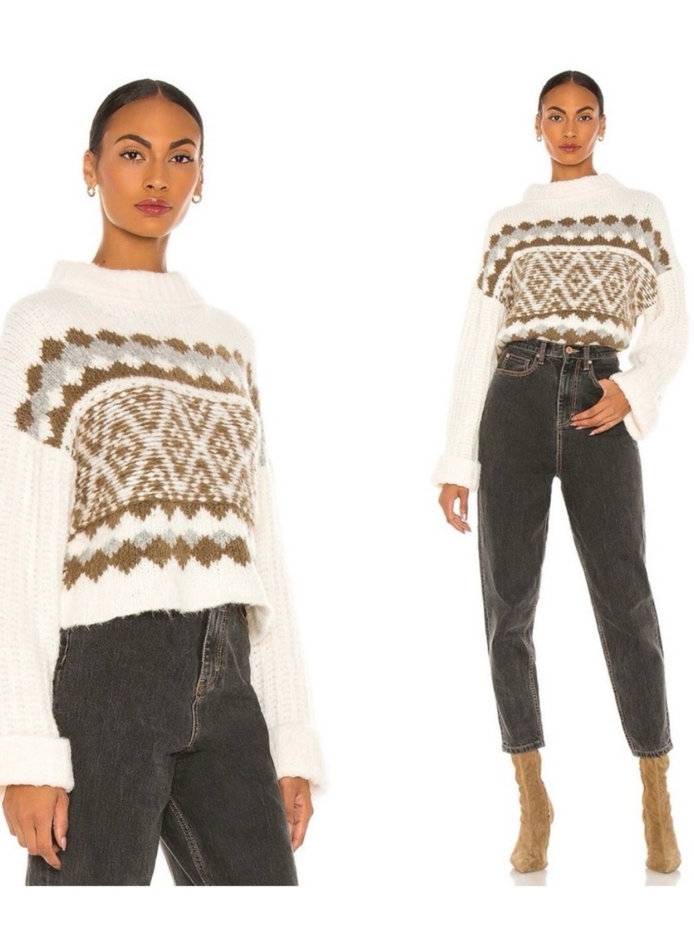 Free People White & Brown Fair Isle Cowl Sweater